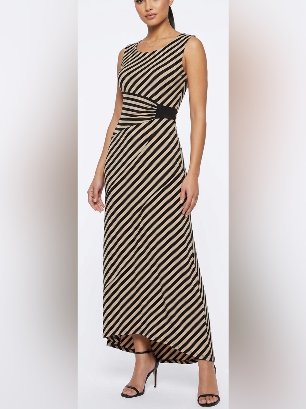 Beige by eci Black and Beige Diagonal-Stripe Sleeveless Maxi Dress